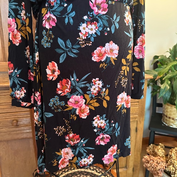 LOFT Open Back Black Floral Long-Sleeve Mini Dress Pink & Teal Accents size 14 - Picture 13 of 16